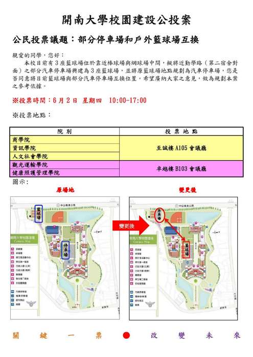 第十六屆學生會正副會長暨第十四屆學生議員選舉與校園建設(部分停車場和戶外籃球場互換)公投案圖片